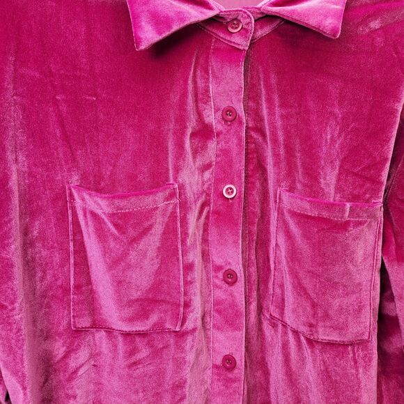 Women's Velvet Button-Down Shirt Blouse Fuchsia Pink Long Sleeve Size Large - Picture 4 of 9